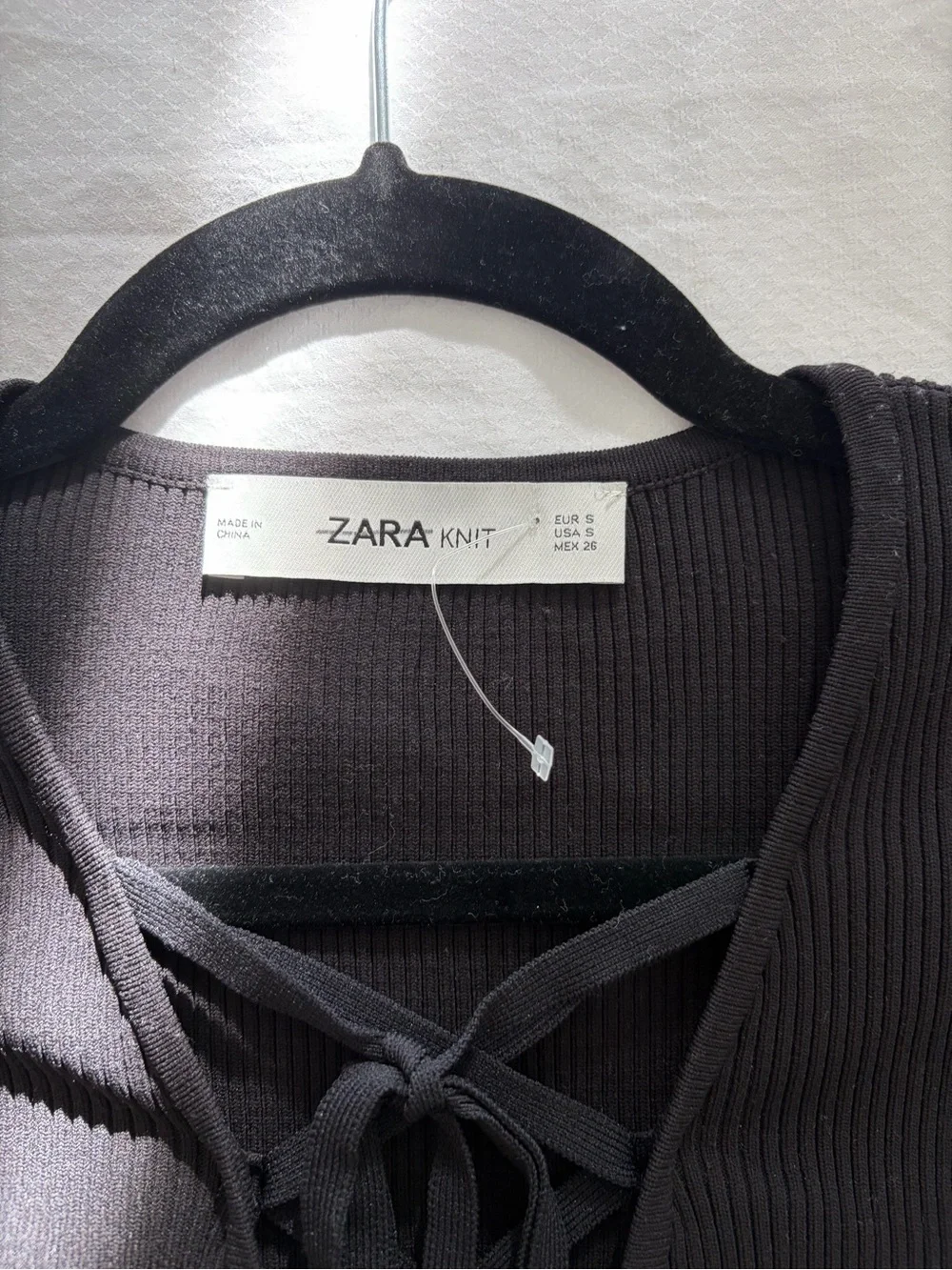 Zara Black Ribbed Lace-Up V-Neck Sweater Top